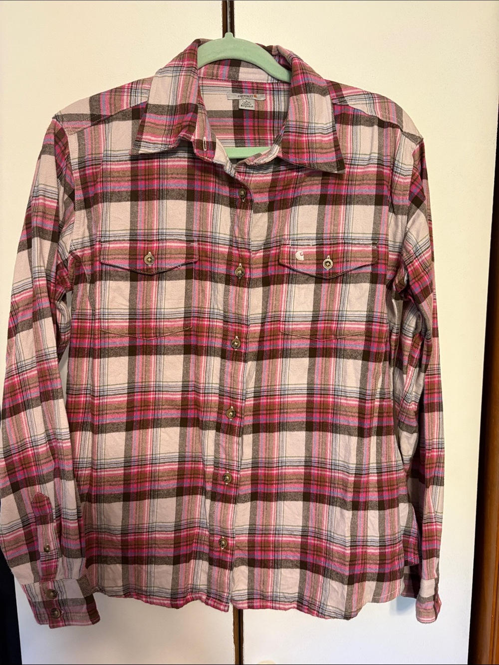 Vintage y2k Carhartt Pink and Brown Plaid Button-Down Shirt